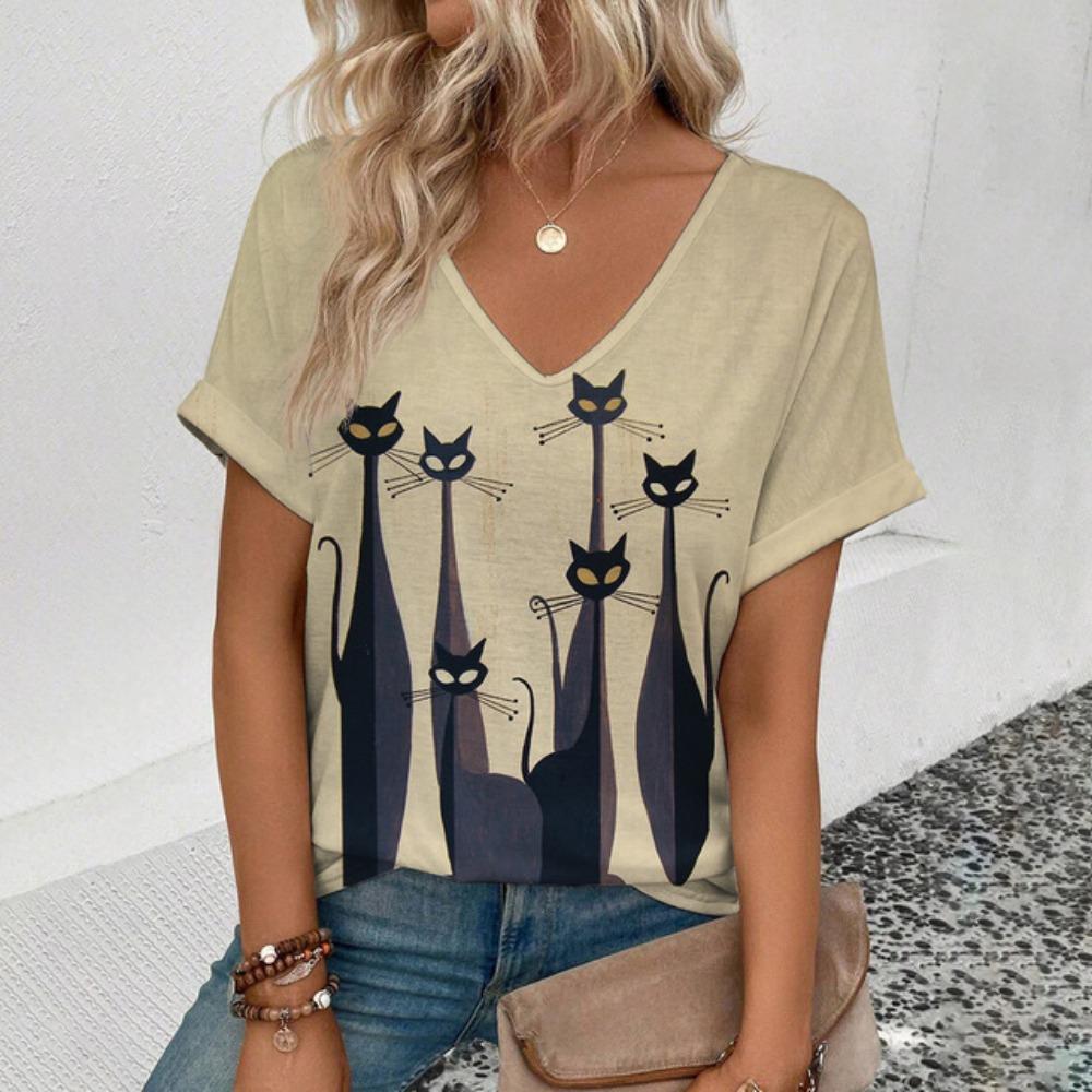 

Women s V-neck T-shirt Funny Cats Pattern Printing T-shirt Summer Leisure Women s Fashion Popular Short Sleeved T-shirt L