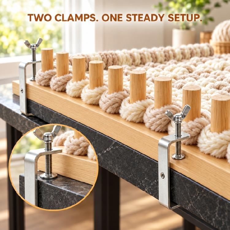 Pegs-Rail Blanket Frame Set with Table-Clamp Hardware, Adjustable Wood Weaving Setups for Bulky Yarns Blanket, Throw, and Tapestry Projects