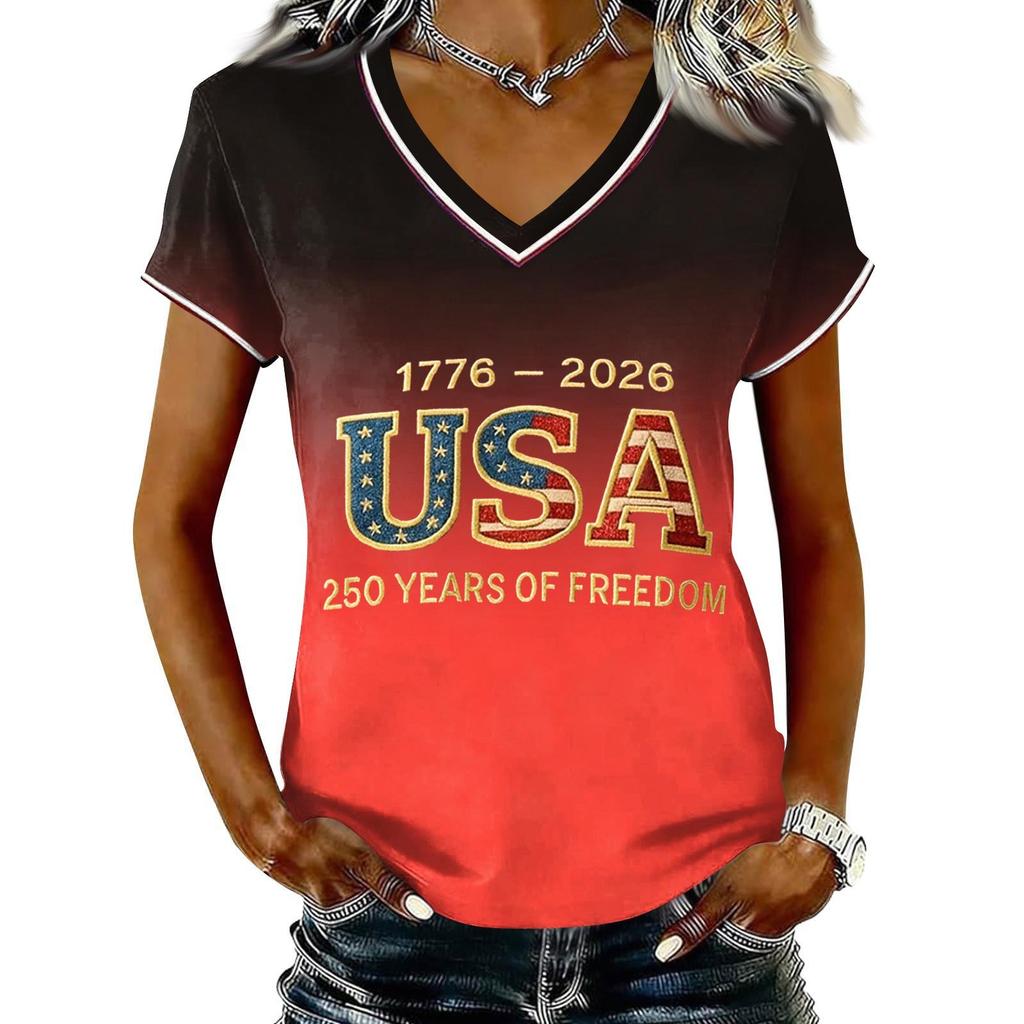 Women Casual V Neck Short Sleeve Pullover T Shirt Gradient Print USA Independence Day Graphic Top