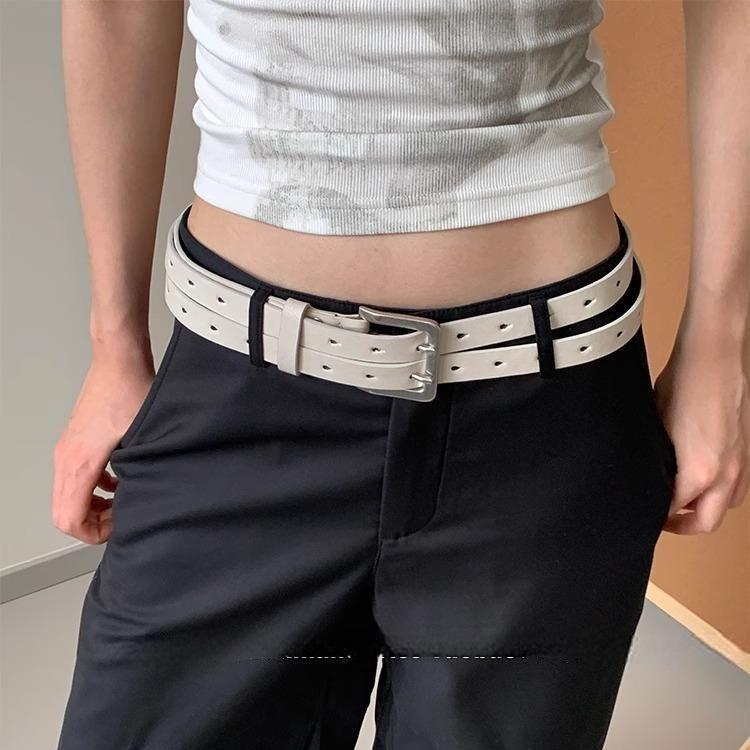 Leather Belt Male Female Fashion Pu Material Double Row Buckle Street Style For Casual Wear