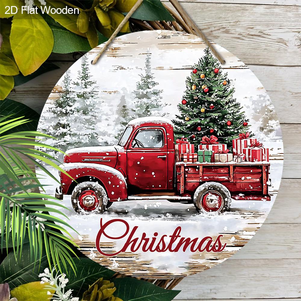 Hölzliches Weihnachtsschild mit klassischem rotem Pickup-Truck-Muster, warmes winterliches Weihnachtsornament zur Dekoration für Haustür/Wand, ideale Weihnachtsdekoration