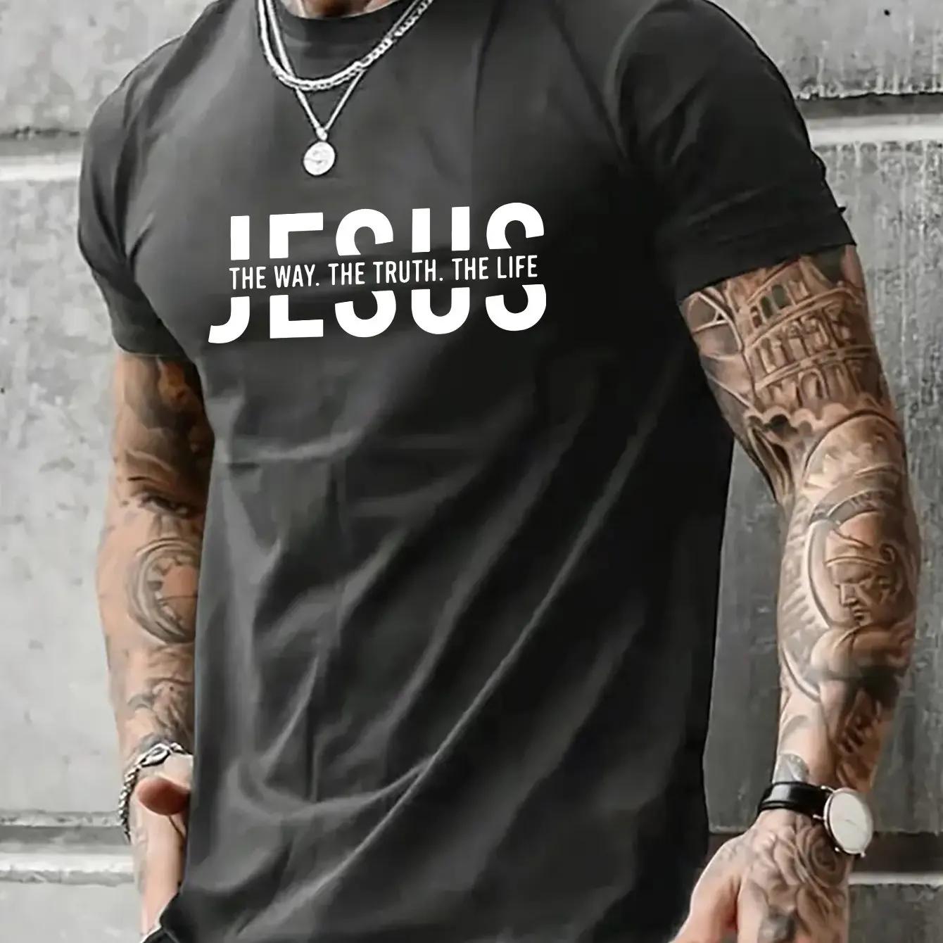 

Men s summer 100% pure cotton casual Jesus Road Truth Life letter print outdoor sports round-neck short-sleeved top S