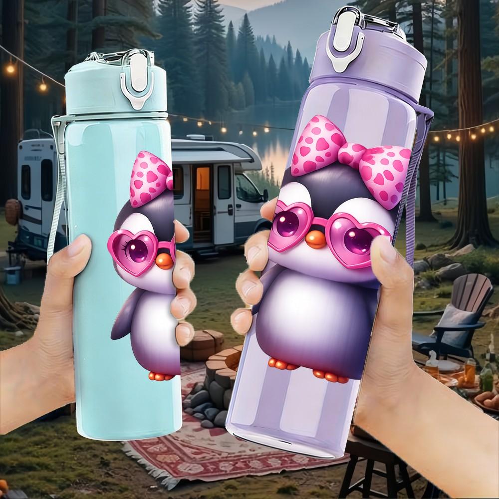 1PC Cute Pink Penguin 750ml Color Plastic Sports Water Bottle Leakproof Flip Straw Lid Suitable for Sports Office Home Use