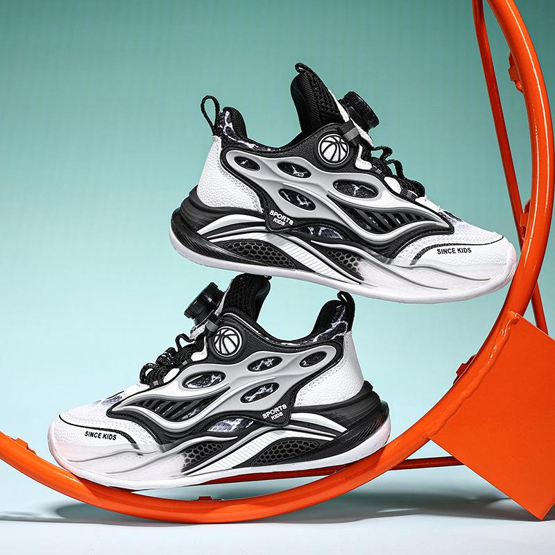 Boys basketball shoes 2025 spring new rotating buckle classmate mesh breathable waterproof non-slip middle and older children's running shoes