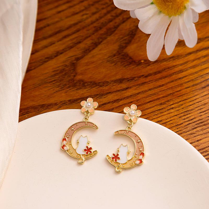 Silver Needle Cartoon Crescent Moon & Jade Rabbit Stud Earrings - Trendy, Simple Style Flower Colorblock for Women