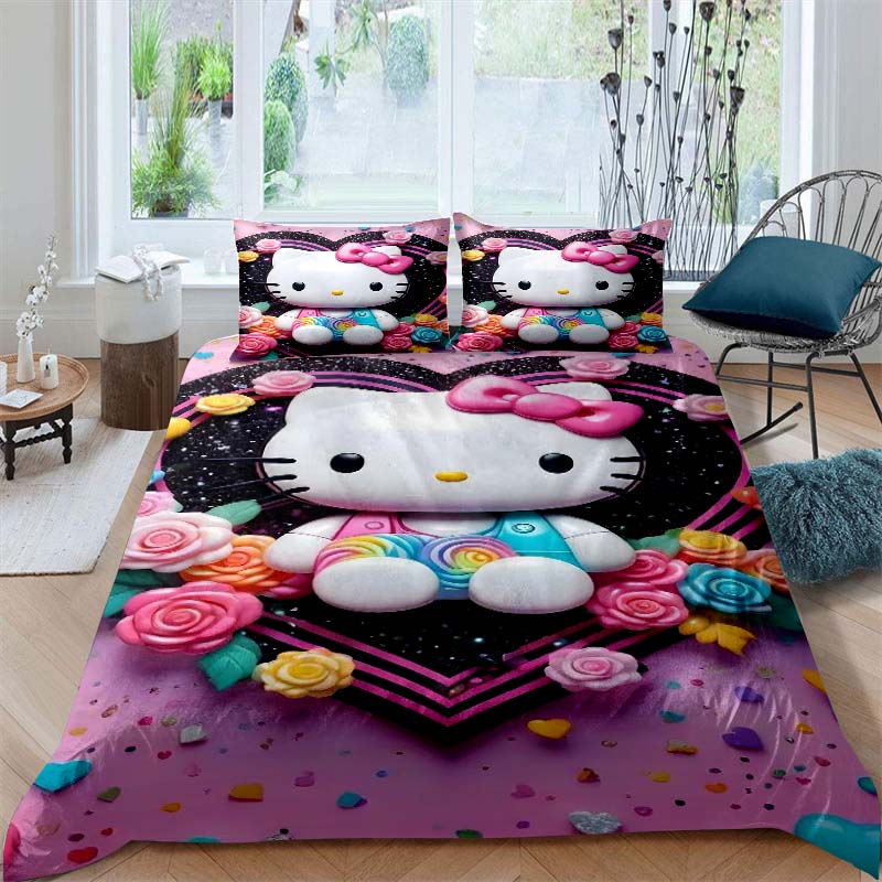 This Hello Kitty three-piece bedding set with a cartoon heart print, including one duvet cover and two pillowcases, makes a perf