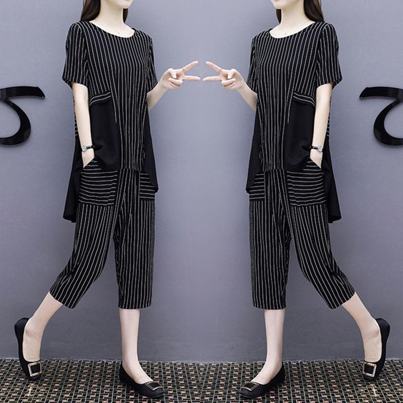 Sports Suit Women's Summer Fashion Large Size Loose Short-sleeved Cropped Pants Casual Two-piece Set