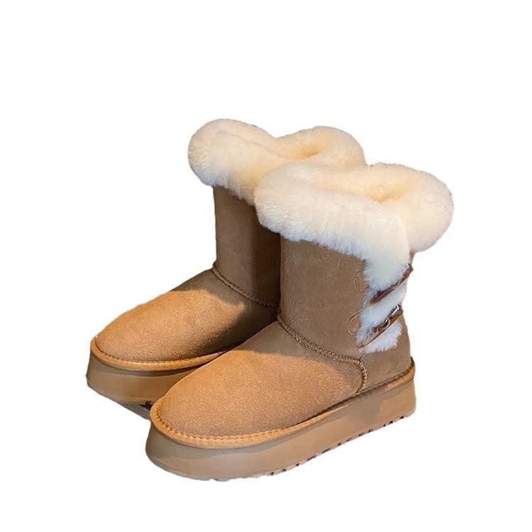 thick-soled snow boots women's 2025 new winter wool and leather integrated casual velvet warm short tube thick-soled cotton shoes
