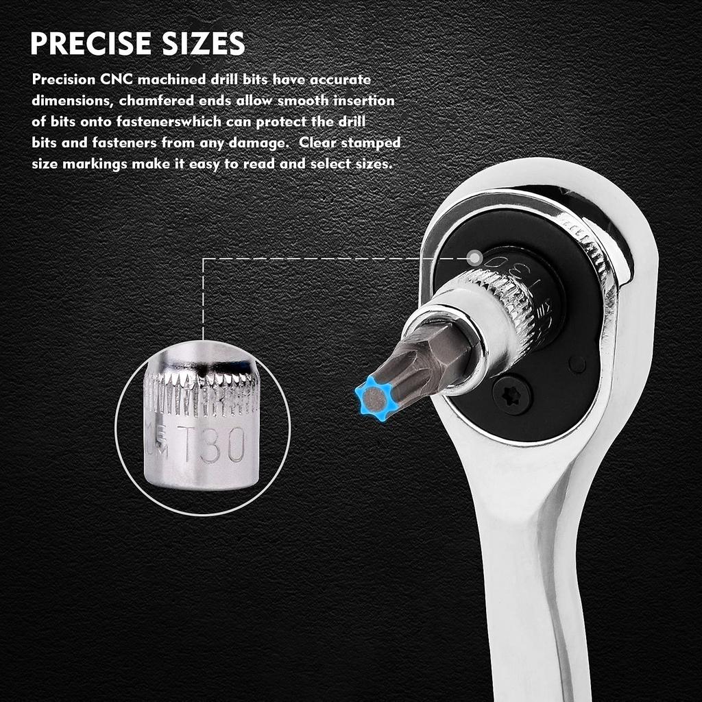 13pcs Torx Bit Socket Set, CRV Sockets, S2 Steel Bits, 1/4-inch (T8-T30), 3/8-inch (T40-T60) & 1/2-inch (T70) Drive, with Case