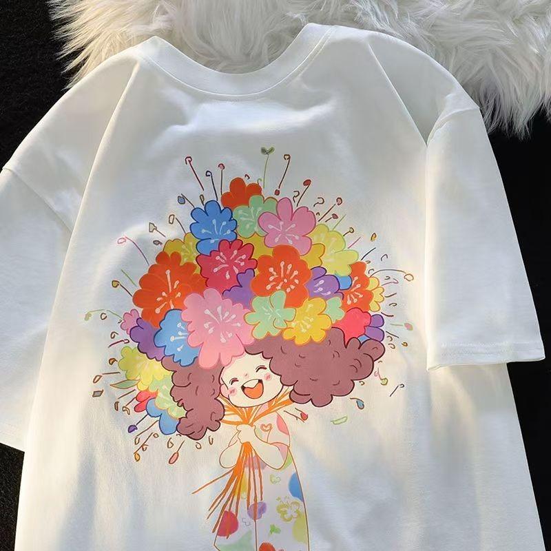 

Cute Flower Girls Print Cotton Women T Shirts Summer Oversize Japan Y2k Short Sleeve Breathable Shirts for Women S