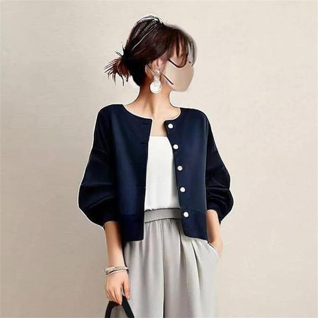 [YUANYUAN] Women's 2-Piece Set: Short Jacket & Wide Pants, Pantsuit, Summer Outfit, Round Neck, Long Sleeves, Single Button, Casual, Relaxed Fit, Figu