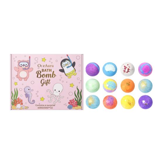 12Pcs Ocean-Themed Bath Bombs with Animal Toys Fizzy Colorful Bubble Balls for Kids Natural Sea Salt Essential Oils Moisturizing Skin-Softening Fun