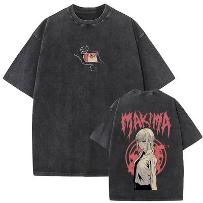 Vintage Gewaschenes Anime Chainsaw Man Makima Merch T-Shirt Herren Damen Manga Lässiges Übergroßes T-Shirt Männlich Retro Hochwertige T-Shirts