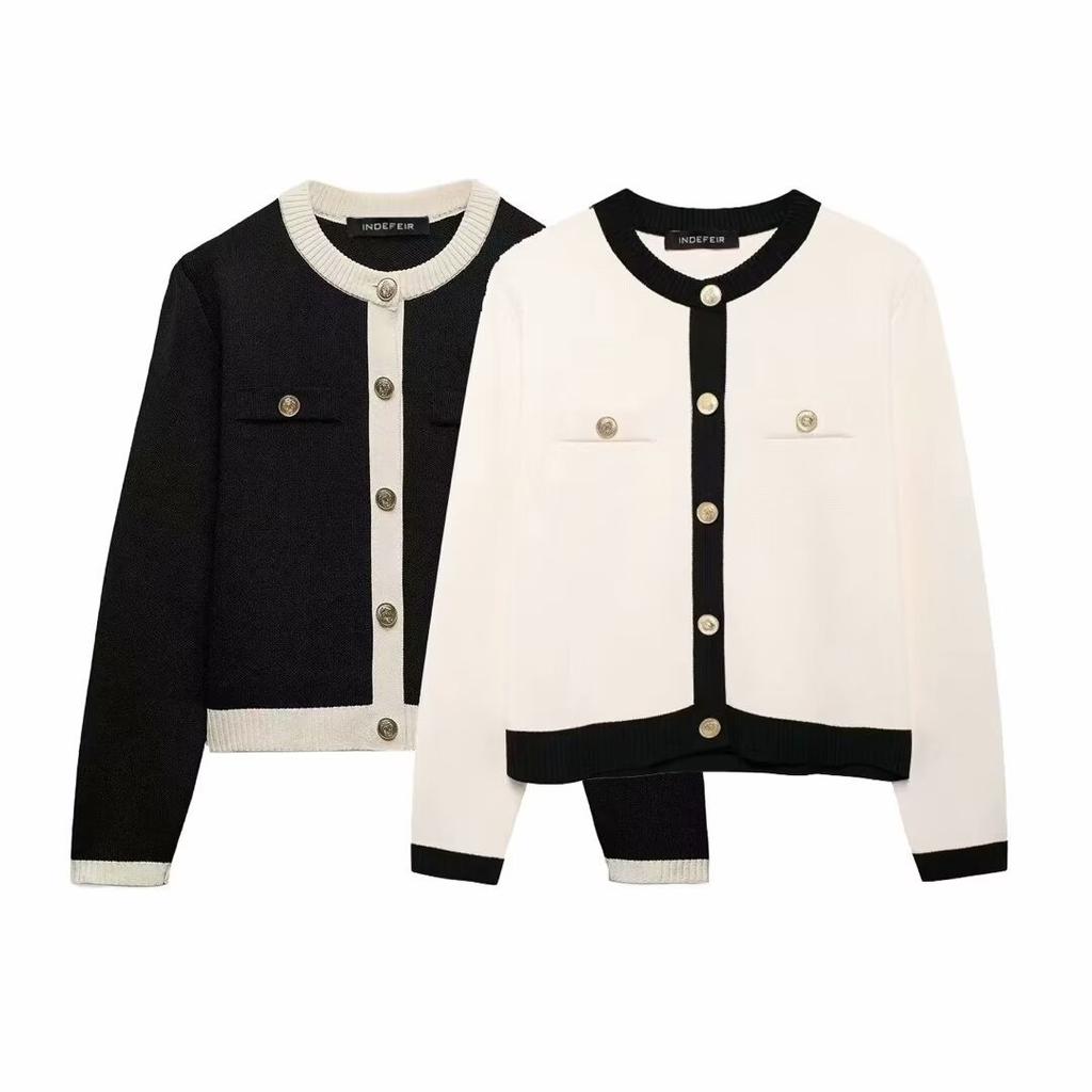 Dámský pletený kardigan se zlatými knoflíky, kulatý výstřih, dlouhý rukáv, dámský svrchní oděv, šik topy, móda