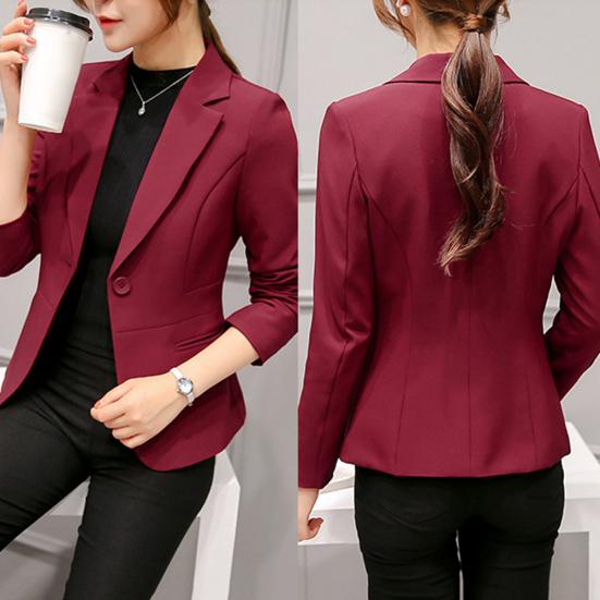 Women One Button Solid Color Lapel Long Sleeve Slim Blazer Coat Suit
