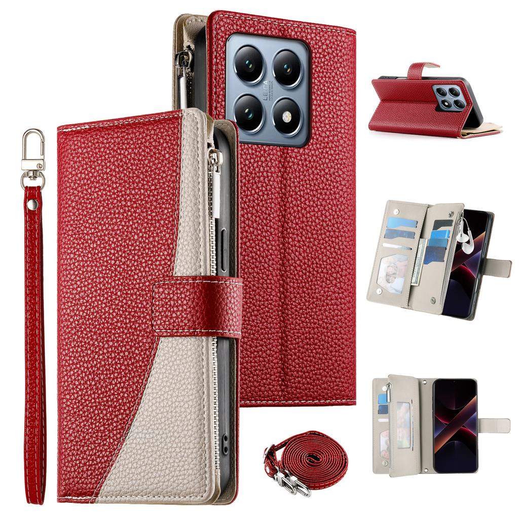 Für Xiaomi 14T Pro Hülle Reißverschluss-Geldbörse Farbspaltung Leder Klapp-Handyhülle mit Riemen