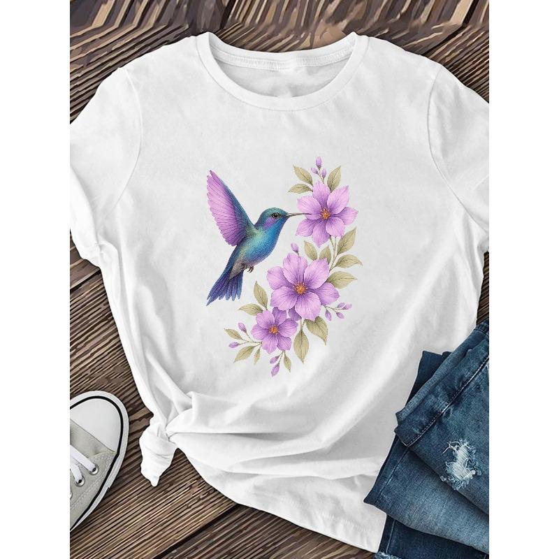 Women's Round Neck Short Sleeve T-Shirt Hummingbird Floral Print Casual Outdoor Travel Nature Lover Top