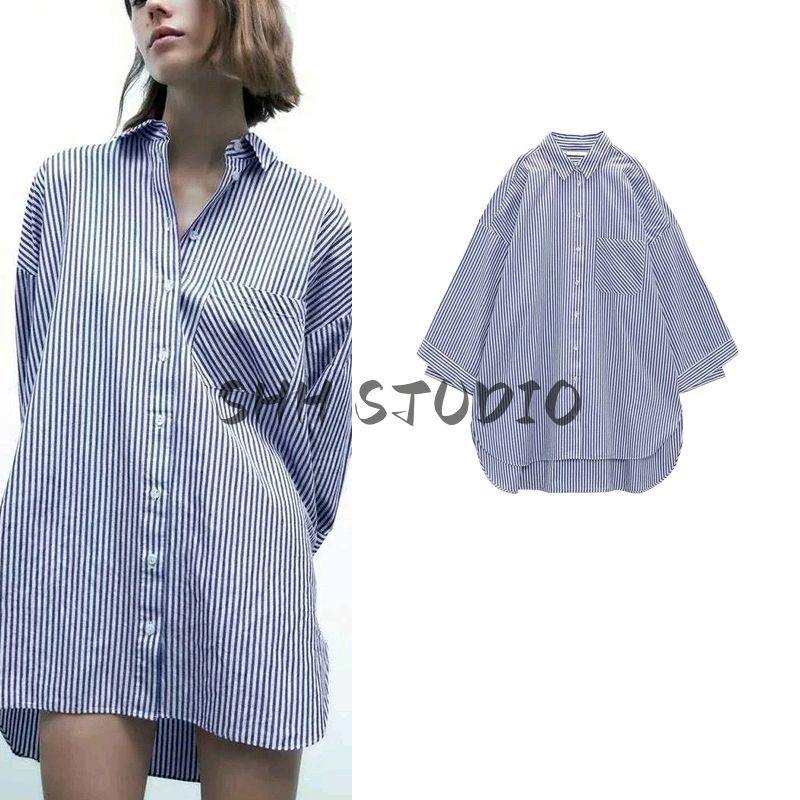 Spring New Women's Clothing French Style Design Single Striped Style with Pockets Lapel Long Sleeves Loose Shirt 5216040
