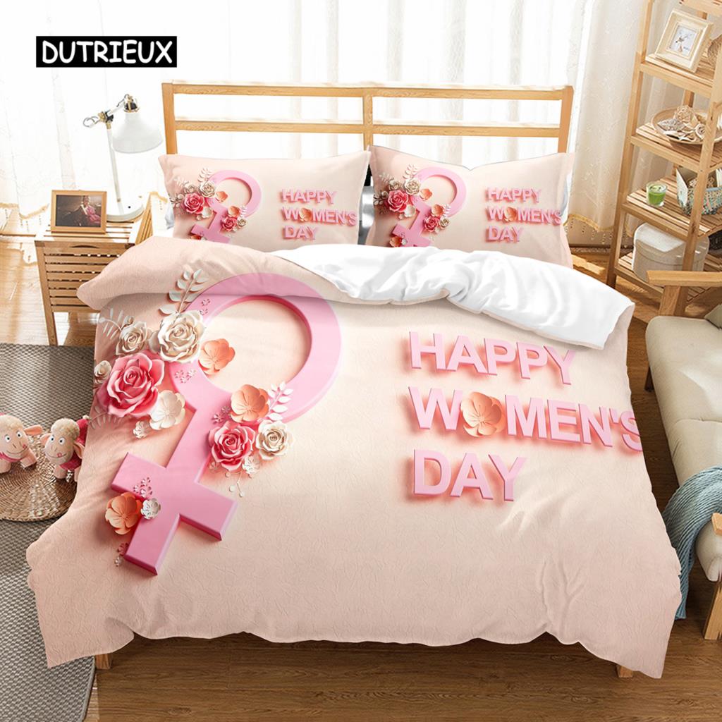 Romantisches Blumendesign Bettbezug-Set Alles Gute zum Frauentag Bettwäsche-Set Polyester 8. März Bettdeckenbezug Einzel- King-Size Für Mutter Geschenk