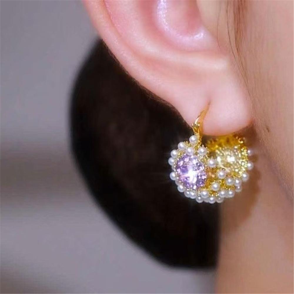 Luxury Female White Pearl Purple Zircon Stone Hoop Earrings Vintage Fashion Gold Color Wedding For Women