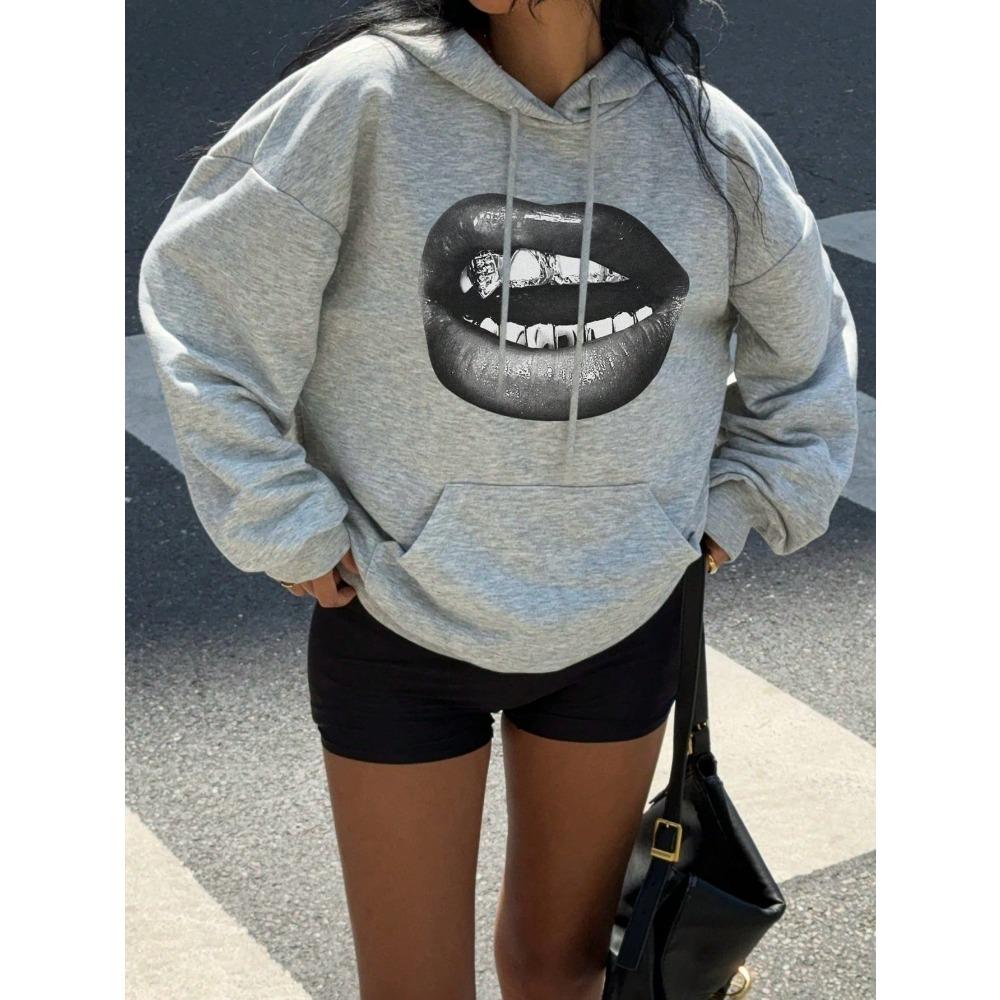 Creative and Cool Lip Print Pattern Printed Women's Hoodie 2025 New Autumn and Winter Minimalist Style Top Clothing