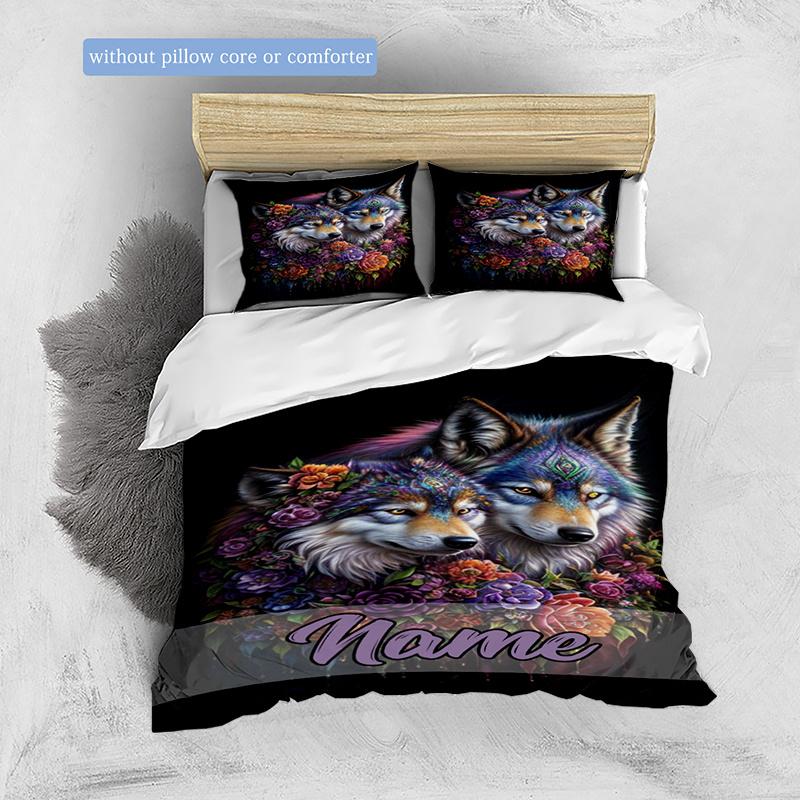 Two Wolf Flowers Duvet Cover Soft Bedding Set For Bedroomdorm Personalized Name Threepiece Set 1 Duvet Cover And 2 Pillowcases Perfect Gift For All