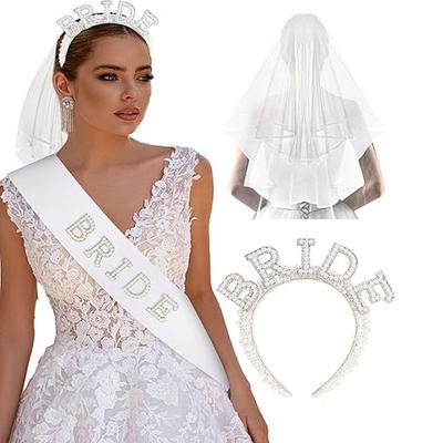 2026 Fashion Bride Bachelor Party, Bride Pearl Crystal Shoulder Strap Veil Headband Ribbon
