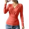 Damen Langarm V-Ausschnitt Bluse mit Kreuzfront und geraffter Taille für Herbst Winter