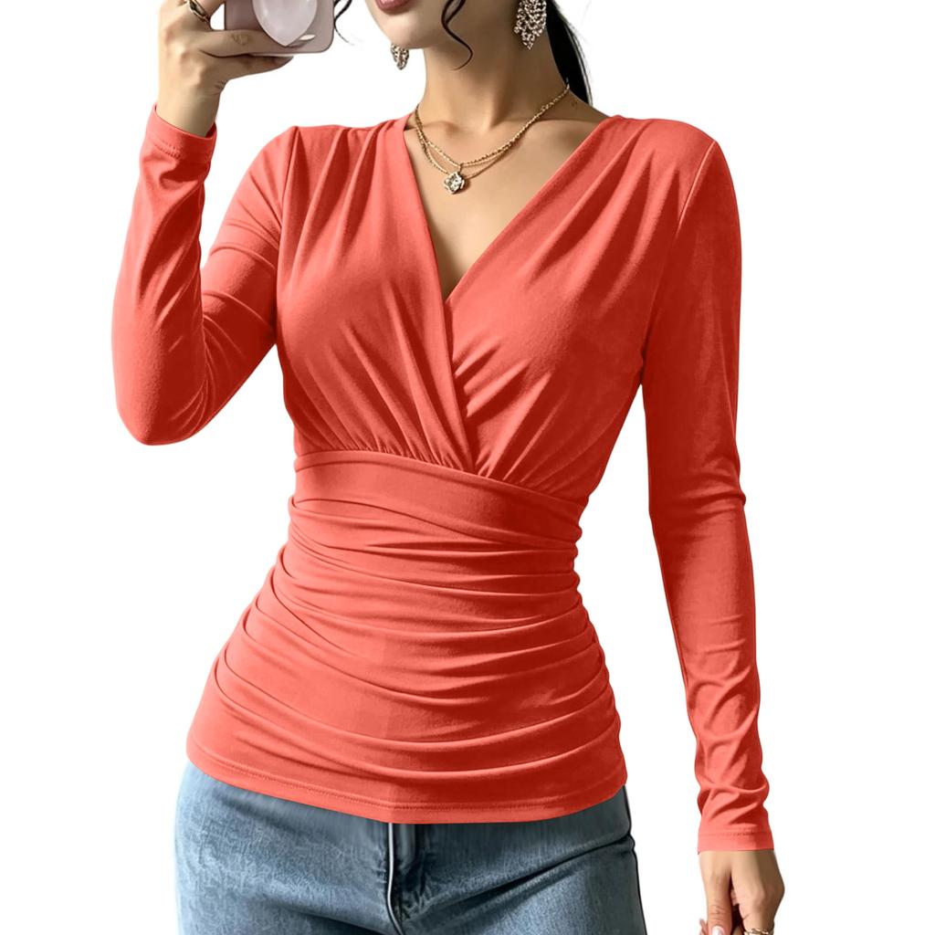 Damen Langarm V-Ausschnitt Bluse mit Kreuzfront und geraffter Taille für Herbst Winter