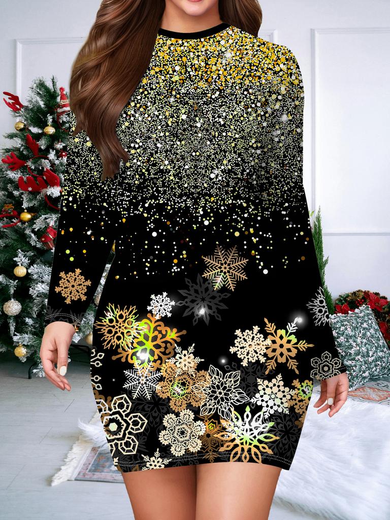 2025 Autumn and Winter New Women's Hip-wrapped Dress,3D Snowflake Printing and Dyeing Women's Fashion Long-sleeved Round Neck Sexy Hip-wrapped Dress