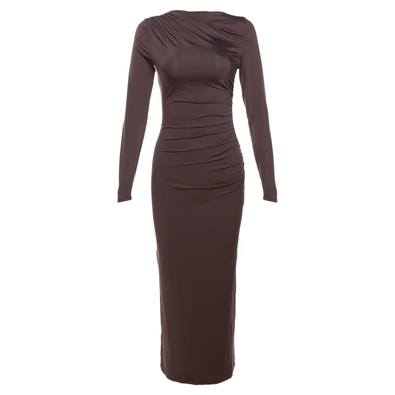INS Fashion Style 2024 New Arrival Women's Clothing Fashion Round Neck Long Sleeves Silm Hip Bag Pure Color Elegant Dress