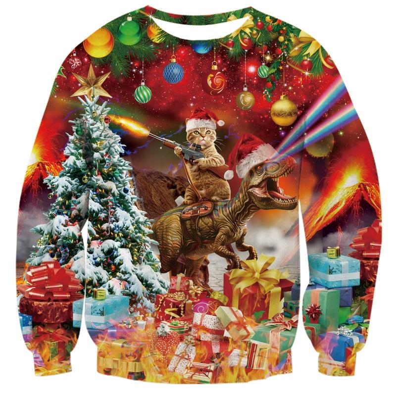 Santas Reindeer Pattern Sweatshirts For Men Women Dinosaur Cat 3D Print Pullover Festival Party Hoodies Long Sleeves O-Neck Tops