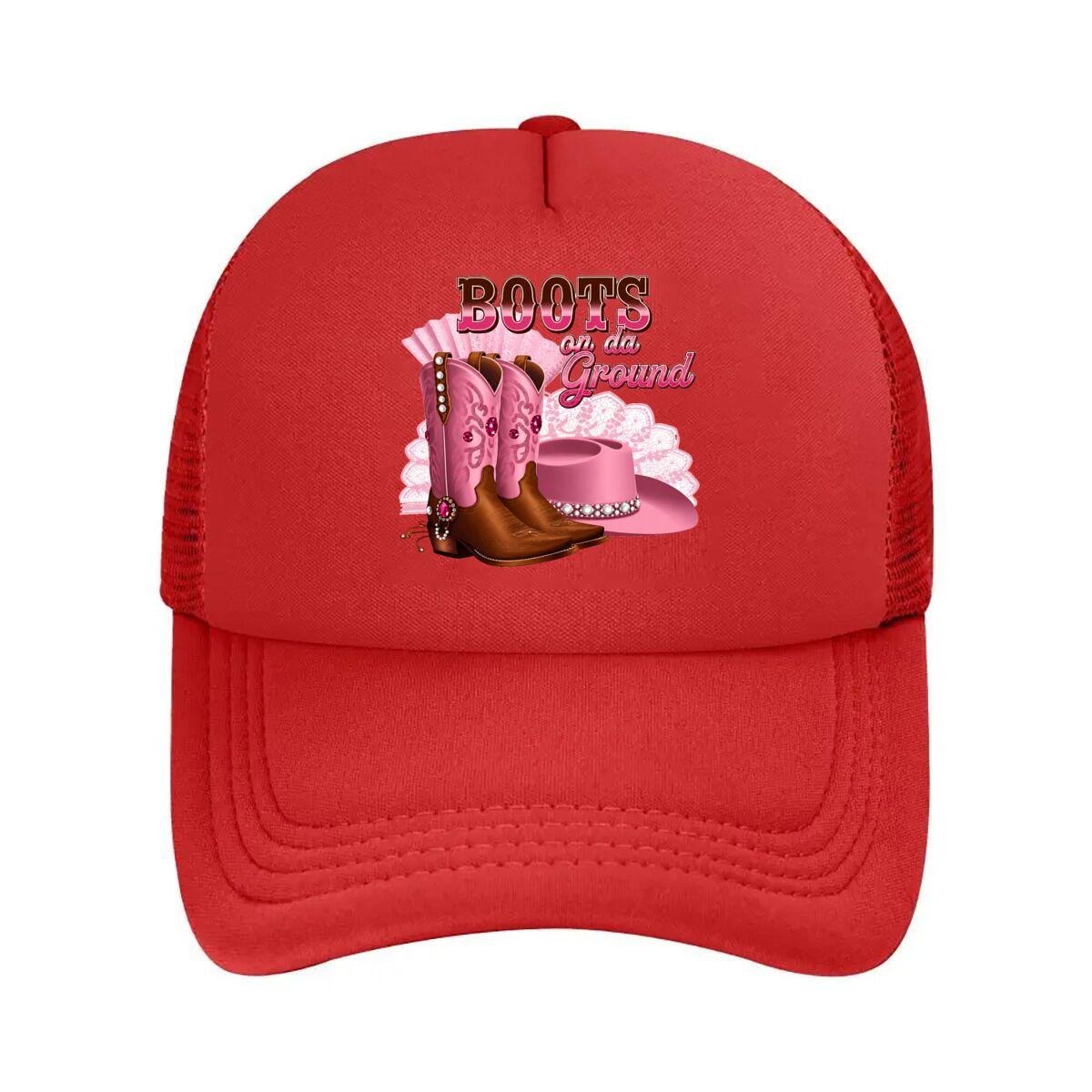 Pink Leather Cowboy Boots And Hat With Rhinestone Pearl Decor Mesh Baseball Cap Hip Hop Adjustable