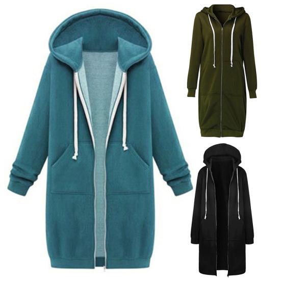 Chic Lady Solid Color Long Sleeve Casual Hooded Sweatshirt Coat Zipper Outwear