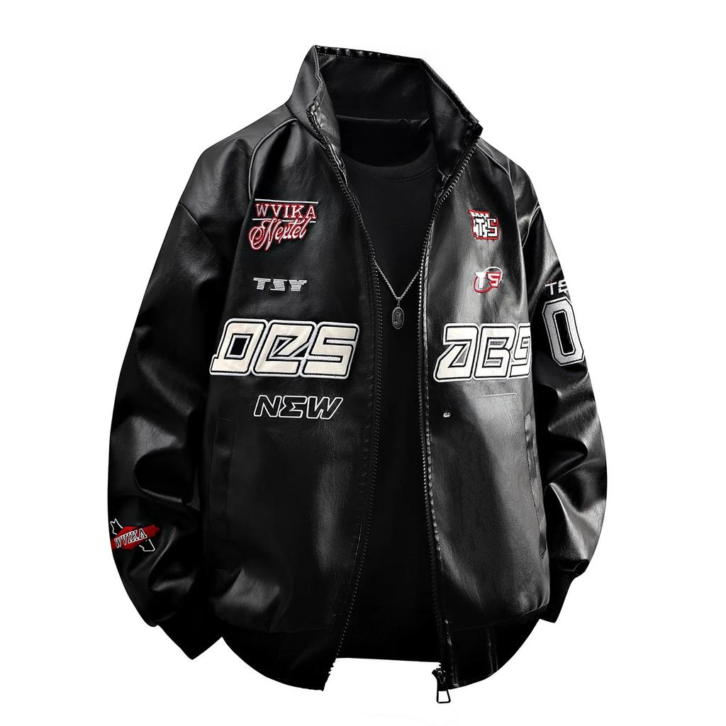 Motorradjacke im amerikanischen Stil aus PU-Leder, trendige schwarz-weiße Bikerjacke, Herren-Oversize-Passform, gefütterte Oberbekleidung