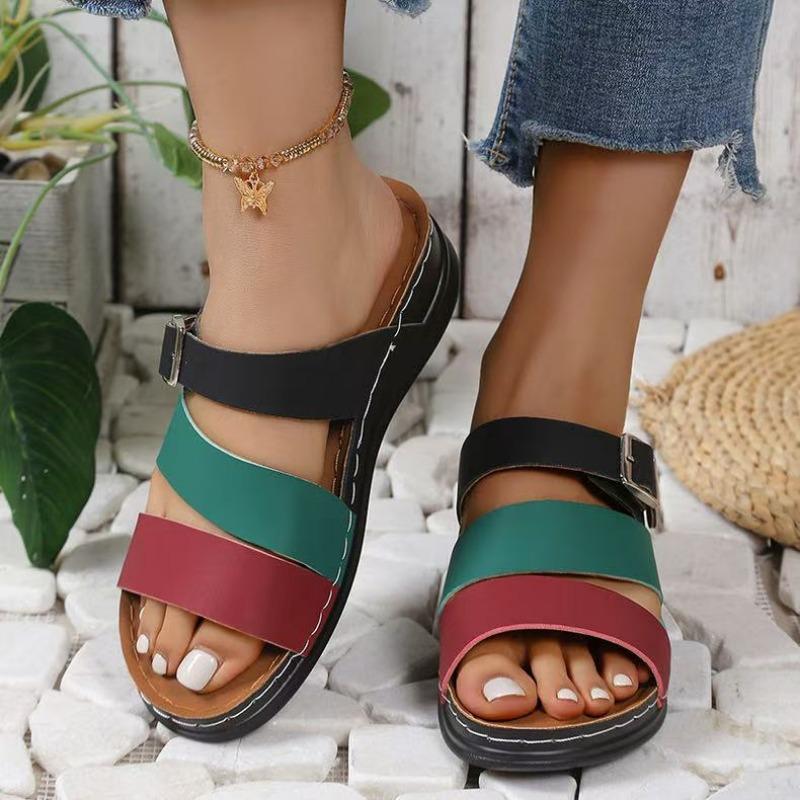 Color Matching Slope Heel Thick Bottom Cool Slippers Women's Summer New Open-toed Large Size One-word Beach Slippers