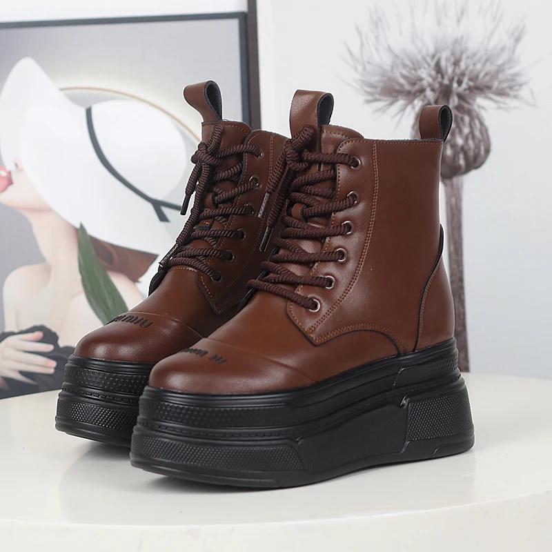 Fashion 12CM Cow Genuine Leather Spring Women Autumn British Motorcycle Fashion Ankle Boots Platform Wedge Flats Slip On Shoes