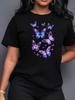 Women's Blue Purple Butterfly Print Short Sleeve T-Shirt, Comfortable Round Neck Tee For Sports, Gym Training And Casual Wear