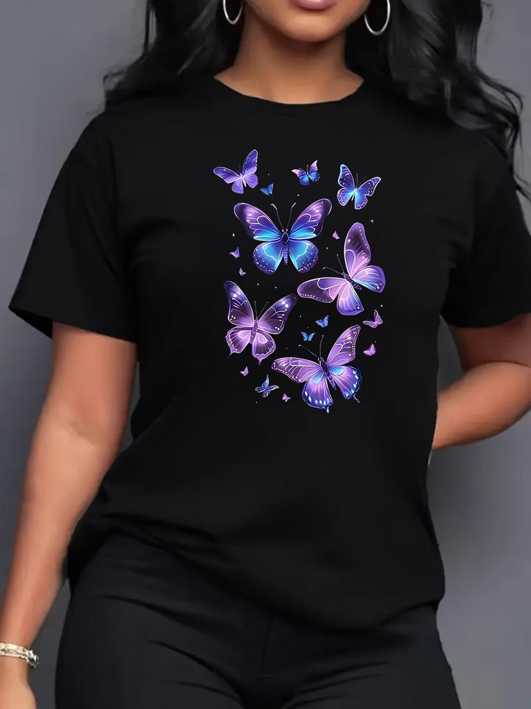Sporty Butterfly Print Short-Sleeve T-Shirt Stretchy Comfort Fit Round Neck All-Season Activewear Relaxed Fit Tee Clothing