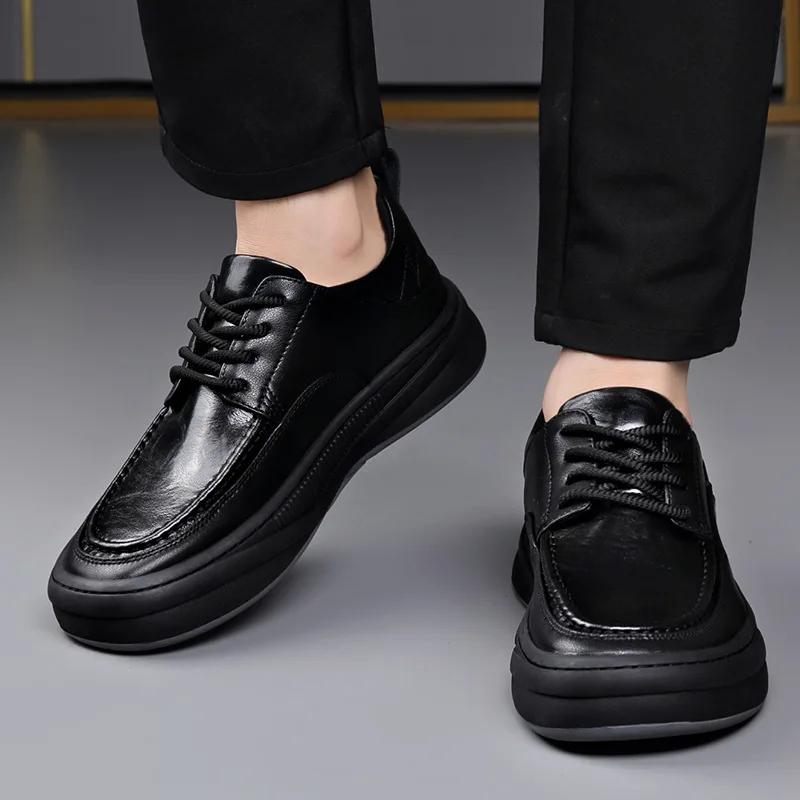 Fashion Autumn Winter Cow Leather Loafers for Men Fashion Casual New Designer Warm Cotton Shoes Male Black Lace Dress Shoes Man