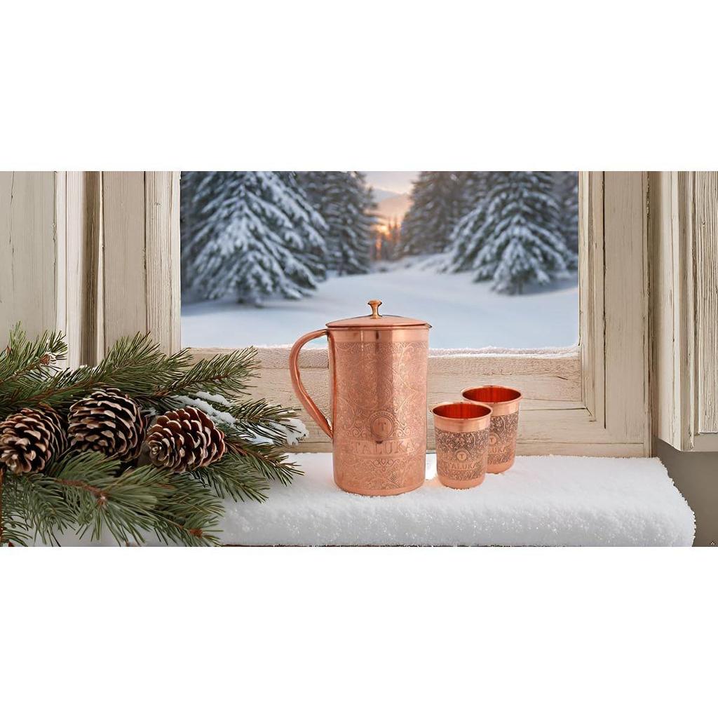 Handmade Copper Etching Embossed Jug & Glass Set 1500 ML Jug with 2 Copper Glass Pitcher for Storage Water & Serving Ware Set of 3