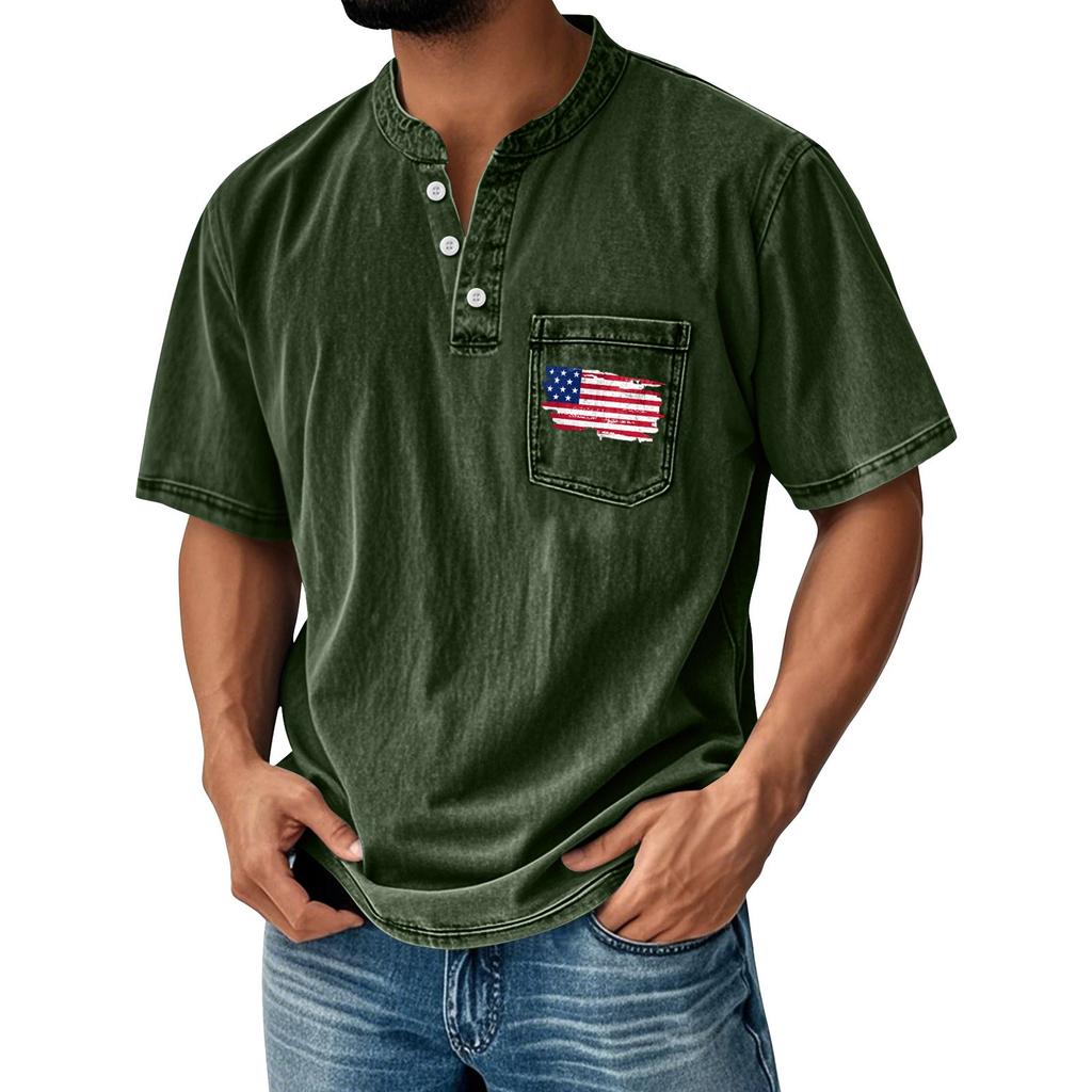 Men's Summer Independence Day Pattern Round Neck Short Sleeve T-Shirt Neck Men's All-match Casual Button Shirt