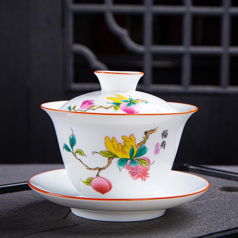 Dehua Gaiwan Cup Ceramic Large Single Sancai Bowl Kung Fu Tea Set Blue and White Porcelain Household