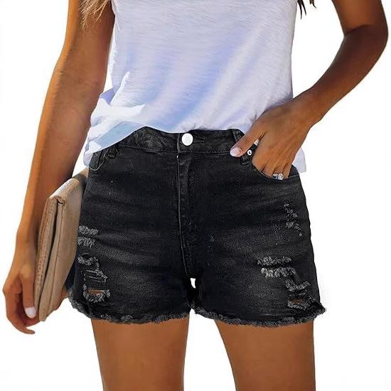 Damen zerrissene Jeansshorts hohe Taille ausgefranster roher Saum Stretch distressed Jean Shorts Sommer lässige Unterteile