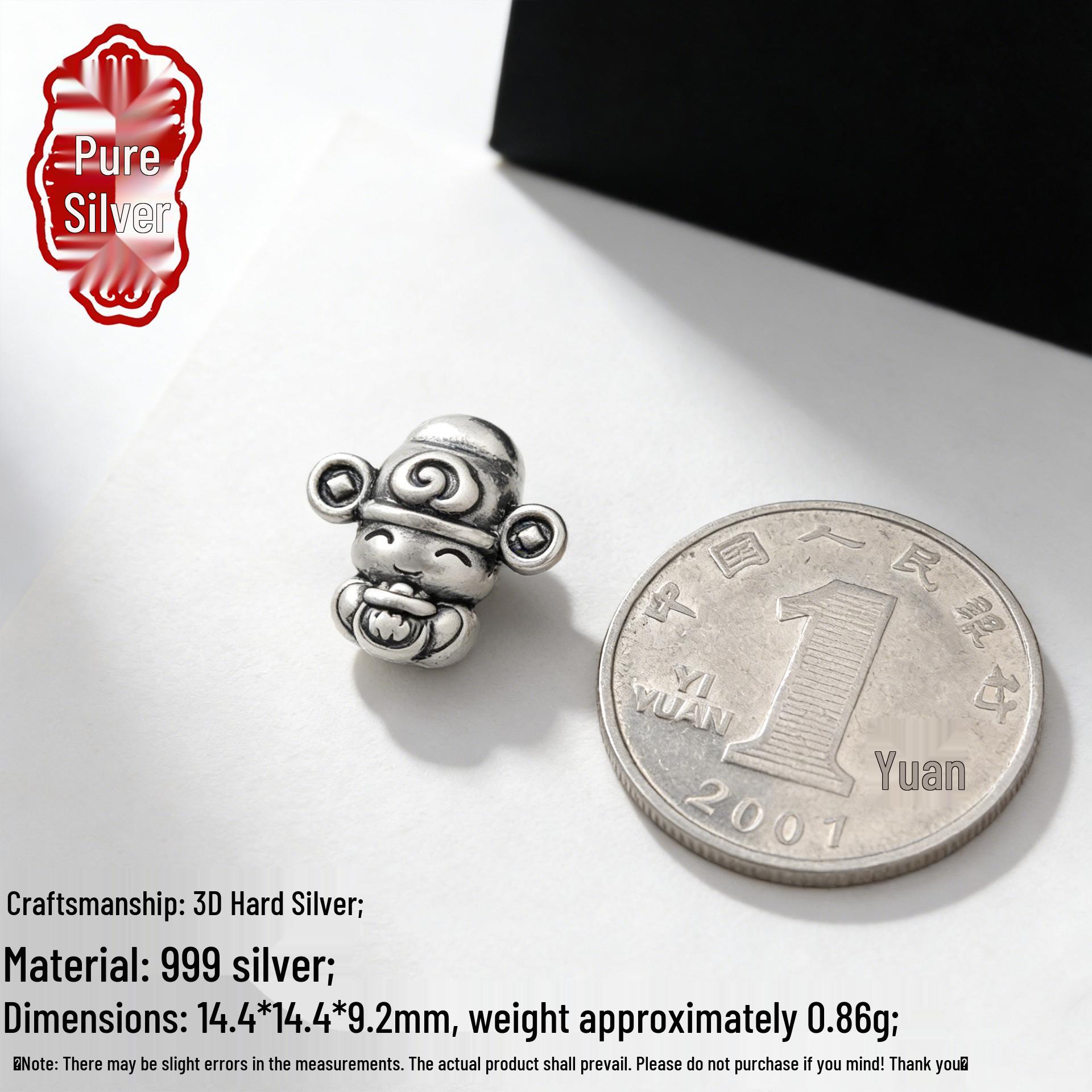 3D Sterling Silver Cartoon Monkey God of Wealth Spacer Beads for DIY Bracelet, Chinese-Style Pure Silver Jewelry Accessories 3D Hard Silver 999; Single Price