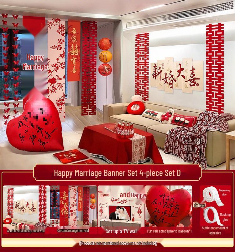 Double Happiness Wedding Room Cloth Banner Set for Ceremony and Hotel Décor