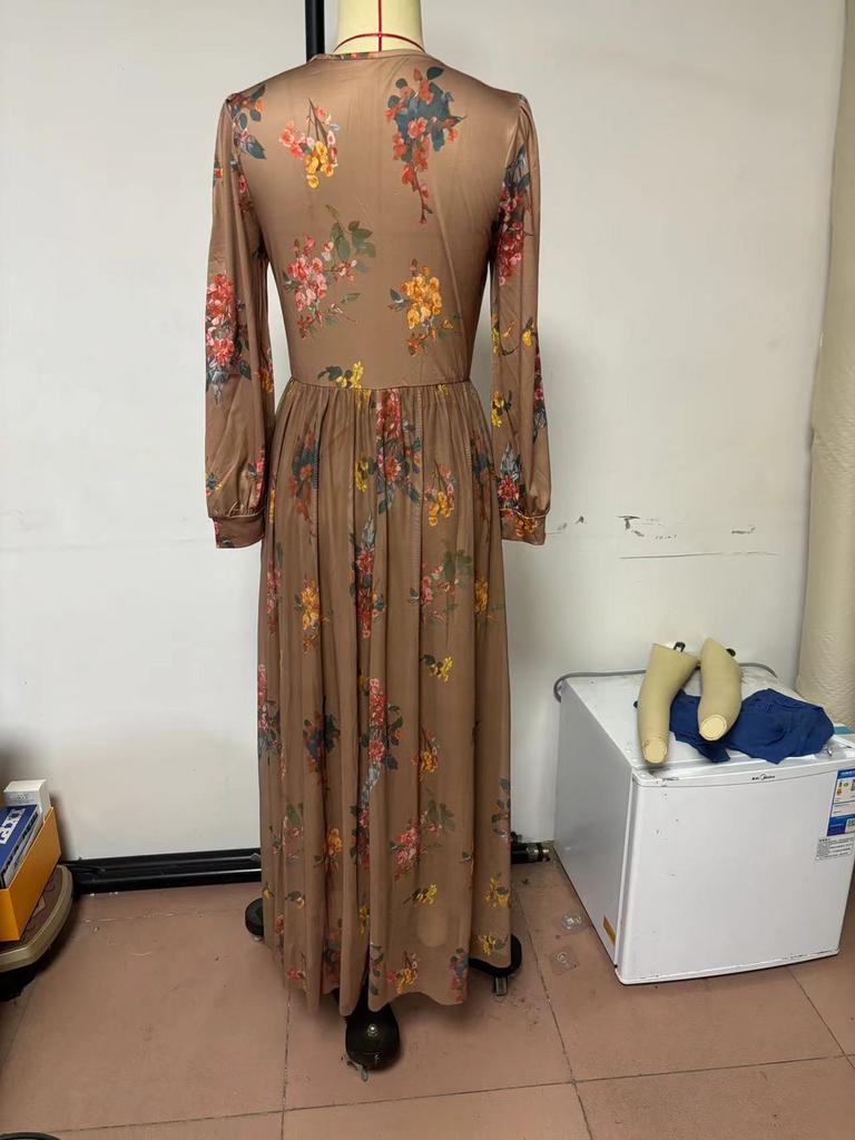 Women's Long Sleeve Digital Print V-Neck Maxi Dress