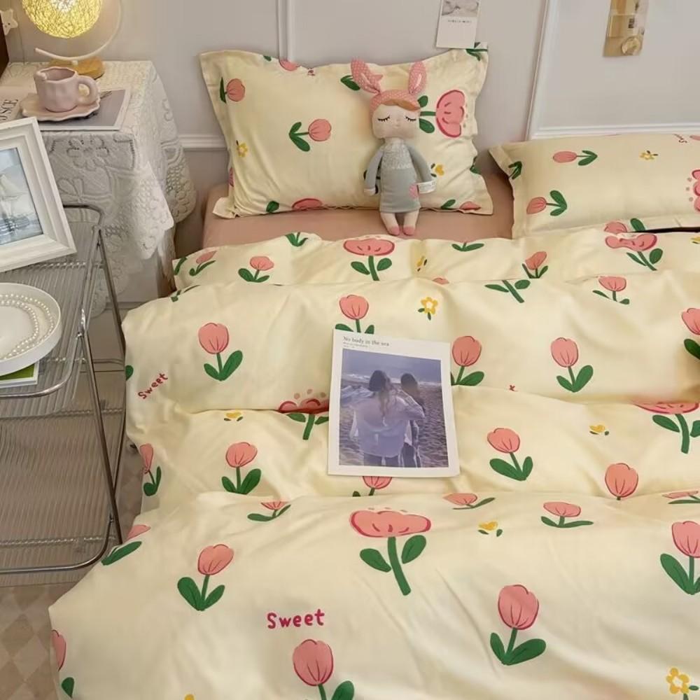 Ins Korean Pastoral Flower Bedding Set Purple Bed Flat Sheet Pillowcase Twin Full Queen Size Bed Linen Women Girls Duvet Cover