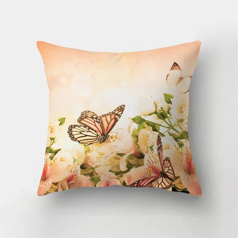 Colorful Butterfly Plant Printing Pattern Cushion Cover for Home Living Room Sofa Office Decoration Throw Pillow