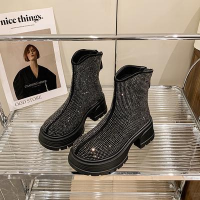 Fashion Women's Thick Heel Shoes Autumn New Round Head Rhinestones After Zipper Thick Sole Anti-slip Wear-resistant Short Boots